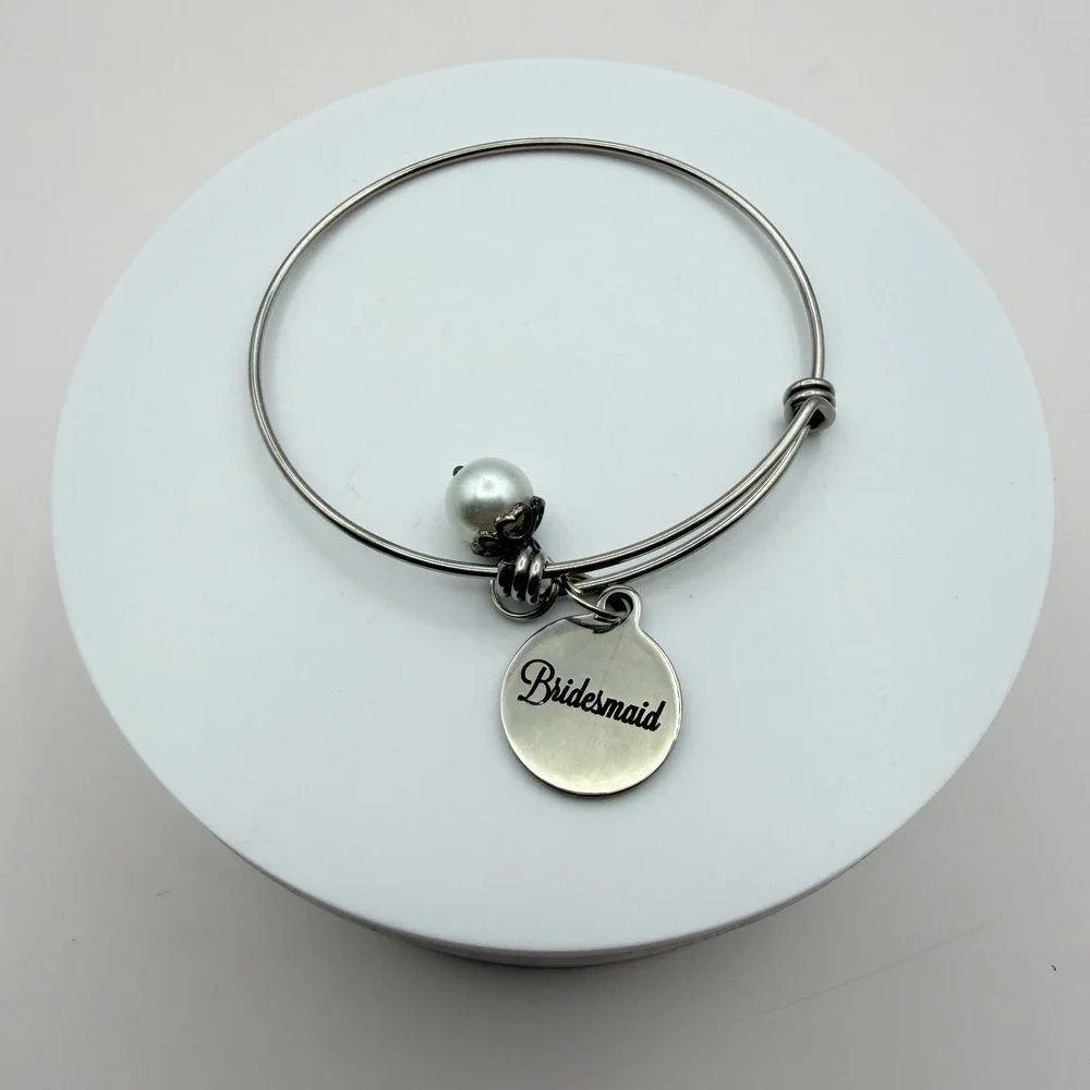 Vintage 90s Bridesmaid Silver Tone Expandable Bangle Bracelet Faux‎ Pearl Charm